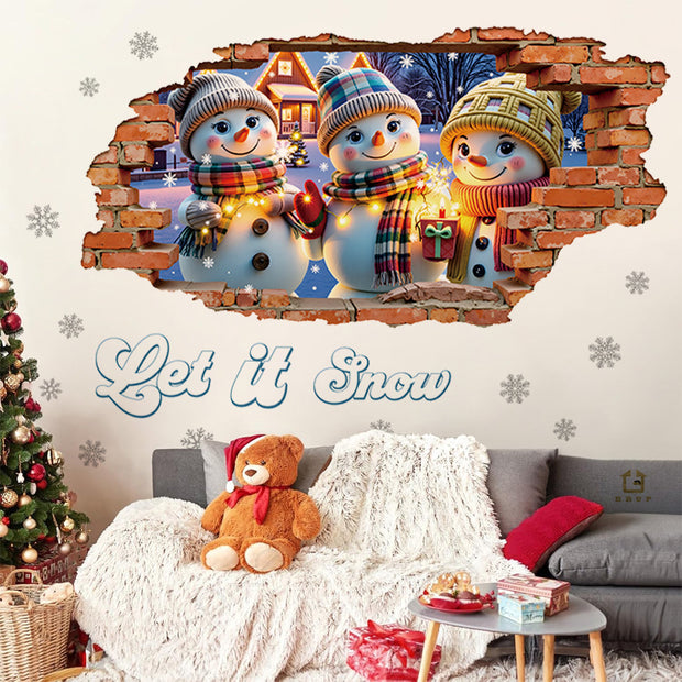 3D Stereo Wall-Breaking Design Cute Snowman Christmas Cartoon Anime Warm Creative Self-Adhesive Wall Stickers