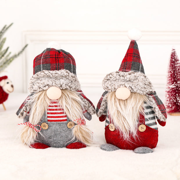 Christmas Decoration Cute Braided Hair Faceless Doll Plaid Hooded Elder Elf Figurine Window Display Decor
