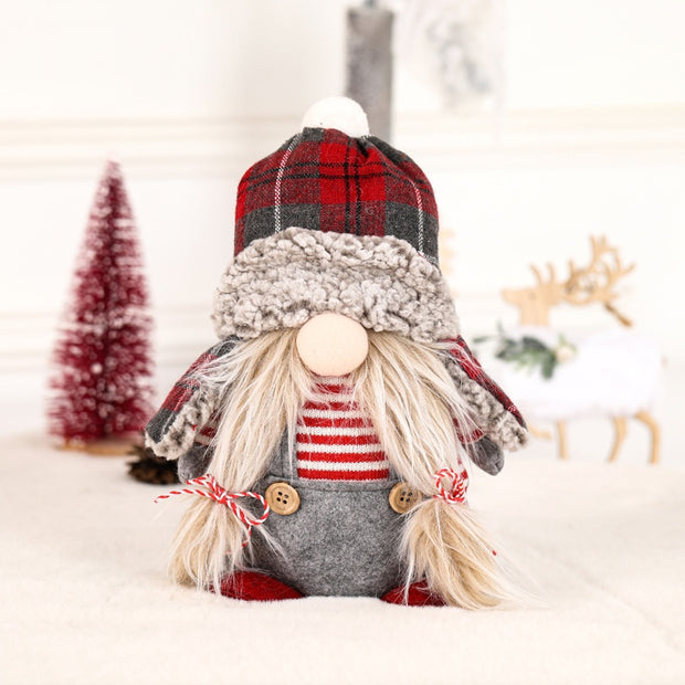 Christmas Decoration Cute Braided Hair Faceless Doll Plaid Hooded Elder Elf Figurine Window Display Decor