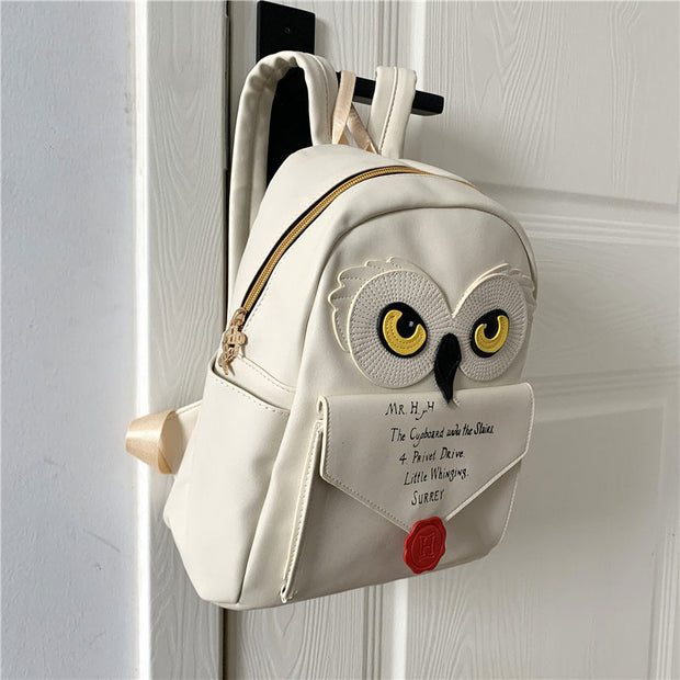 Cute Owl and Letter Casual Small Bag Women Girls Bag Beige PU Leather Backpack School Bag Shoulders Bag Gift