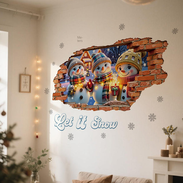 3D Stereo Wall-Breaking Design Cute Snowman Christmas Cartoon Anime Warm Creative Self-Adhesive Wall Stickers