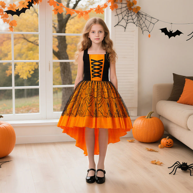 Halloween Costume Set for Girls Lace and Satin Trail Dress, Three-Piece Formal Outfit for Kids