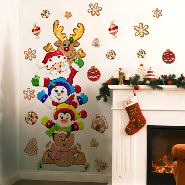Cartoon Gingerbread Man Santa Reindeer Snowman Stackable Self-Adhesive Wall Stickers Home Decoration Decals