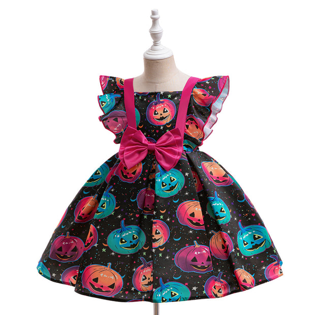 Fairy Tale Print Satin Dress for Girls Halloween Princess Dress Children's Formal Wear Dress