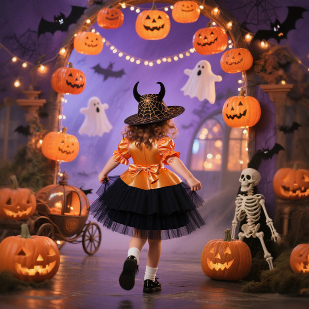 Fairy Tale Princess Dress for Girls Halloween Costume Puff Sleeve Ball Gown with Bowknot Tulle Skirt