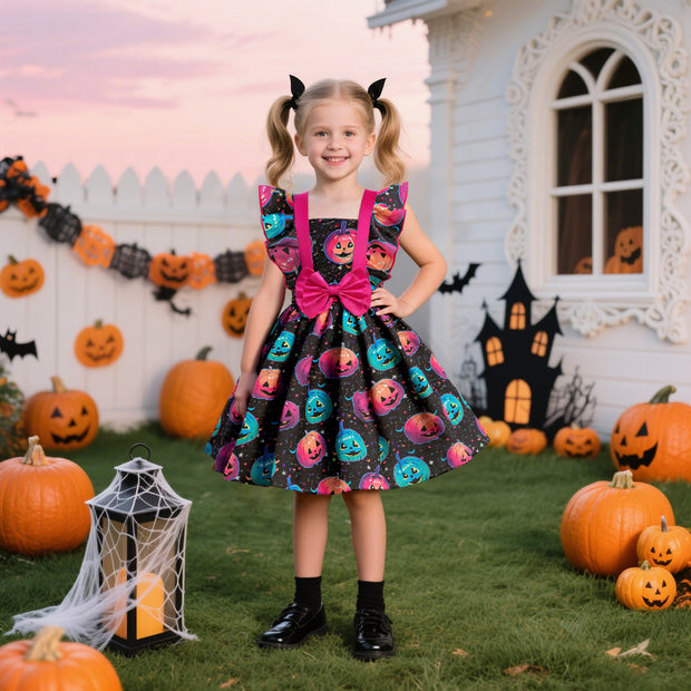 Fairy Tale Print Satin Dress for Girls Halloween Princess Dress Children's Formal Wear Dress