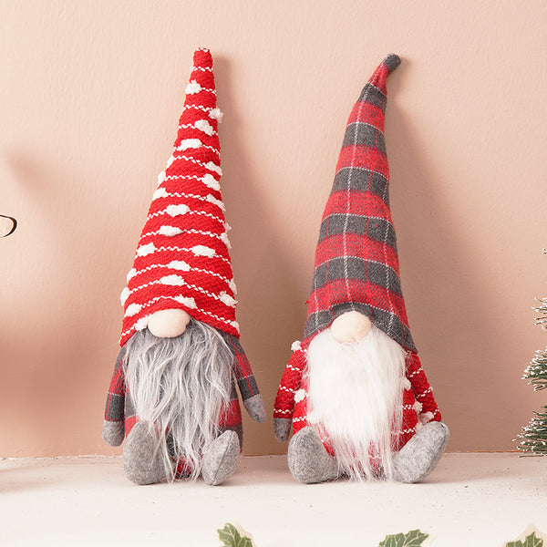 Christmas Decoration Hat with Beard, Faceless Black and White Checkered Stripe Doll Ornament, Faceless Old Man Figurine