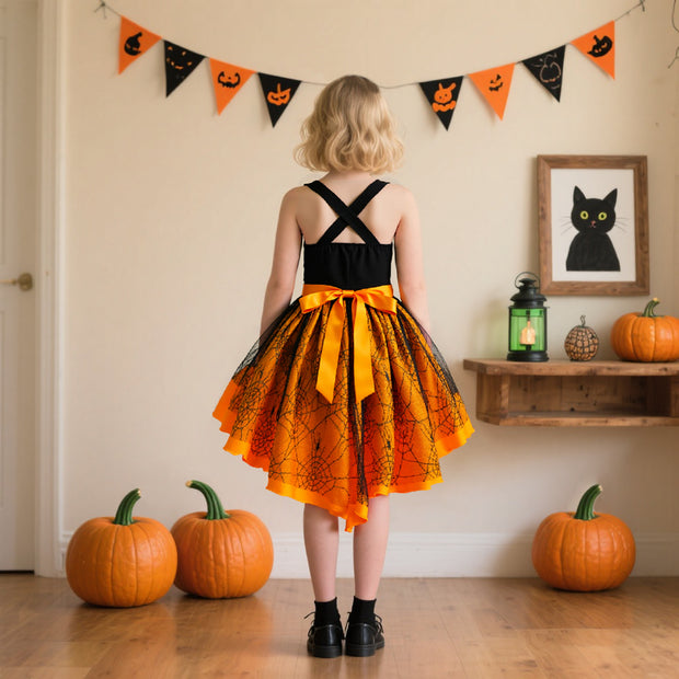Halloween Costume Set for Girls Lace and Satin Trail Dress, Three-Piece Formal Outfit for Kids