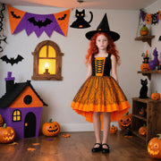 Halloween Costume Set for Girls Lace and Satin Trail Dress, Three-Piece Formal Outfit for Kids