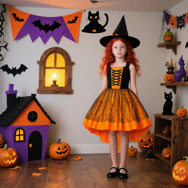 Halloween Costume Set for Girls Lace and Satin Trail Dress, Three-Piece Formal Outfit for Kids