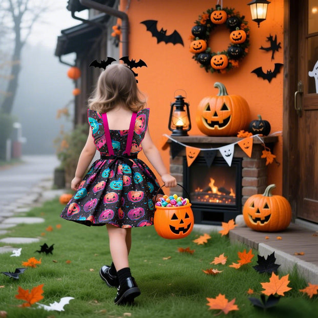 Fairy Tale Print Satin Dress for Girls Halloween Princess Dress Children's Formal Wear Dress