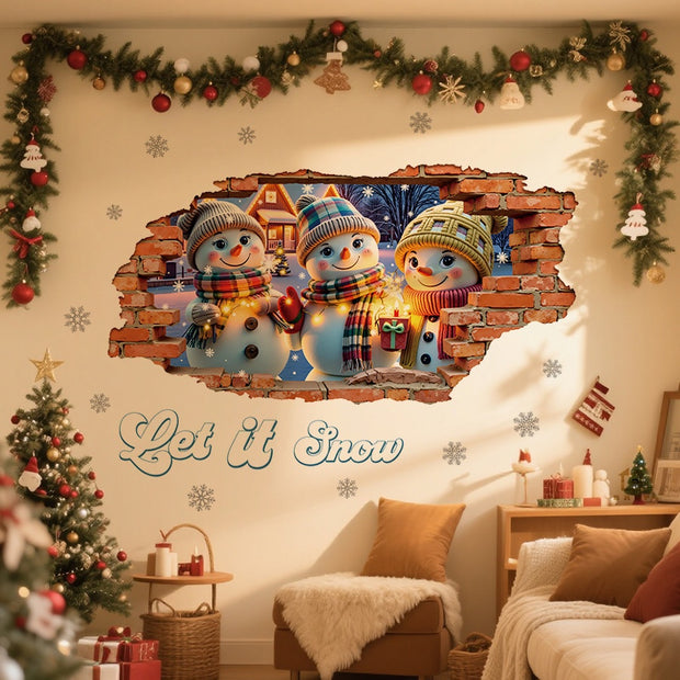 3D Stereo Wall-Breaking Design Cute Snowman Christmas Cartoon Anime Warm Creative Self-Adhesive Wall Stickers