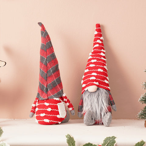 Christmas Decoration Hat with Beard, Faceless Black and White Checkered Stripe Doll Ornament, Faceless Old Man Figurine