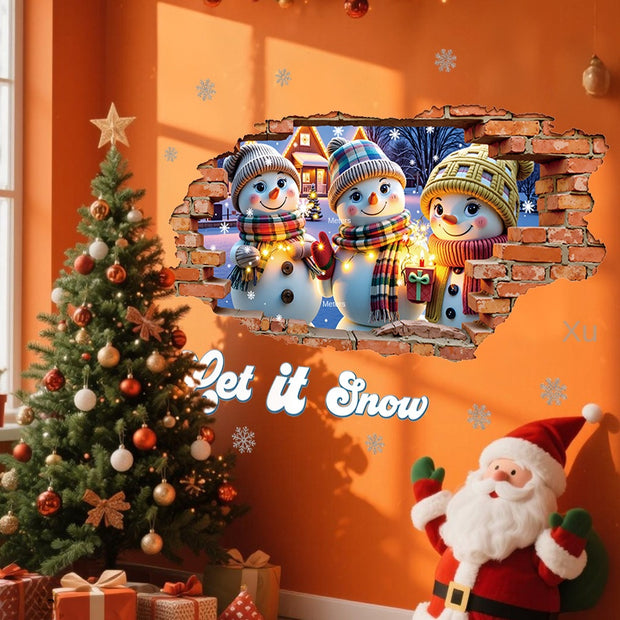 3D Stereo Wall-Breaking Design Cute Snowman Christmas Cartoon Anime Warm Creative Self-Adhesive Wall Stickers