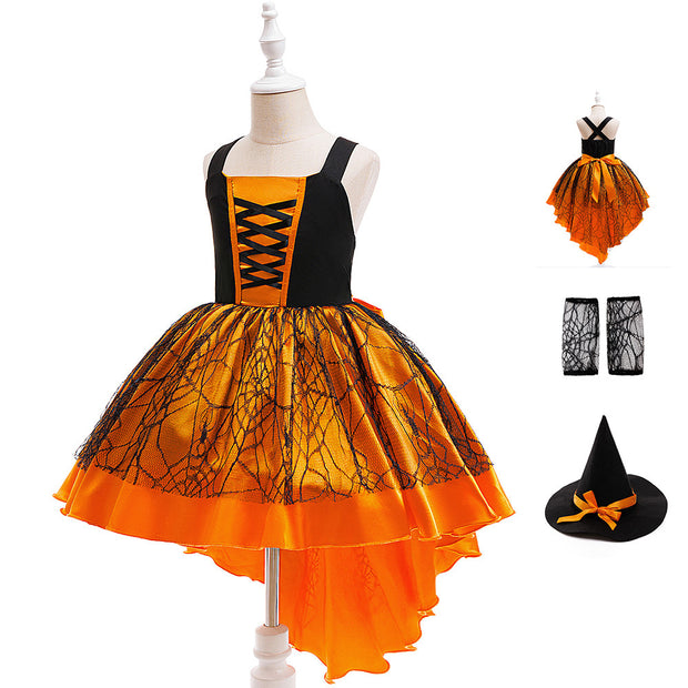 Halloween Costume Set for Girls Lace and Satin Trail Dress, Three-Piece Formal Outfit for Kids