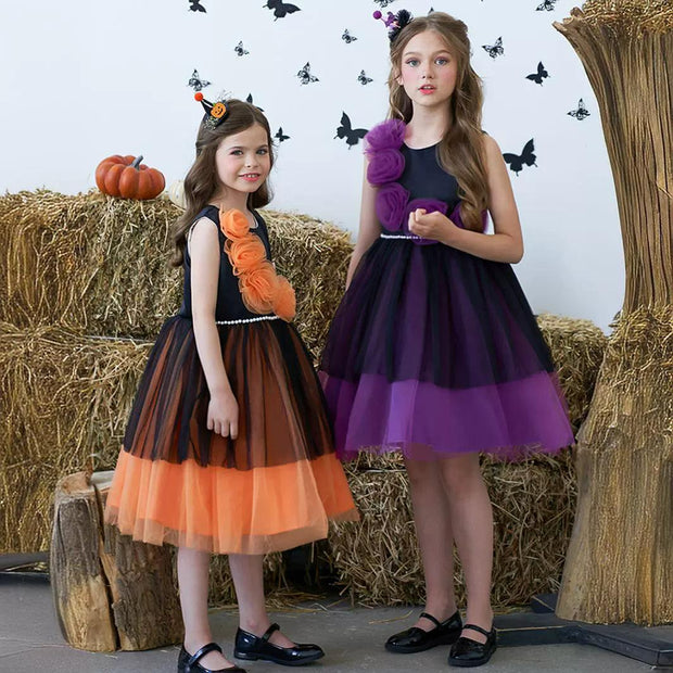 Halloween Costume Dress for Girls Witch Role Play Cosplay Party Performance Dress with Tulle Skirt