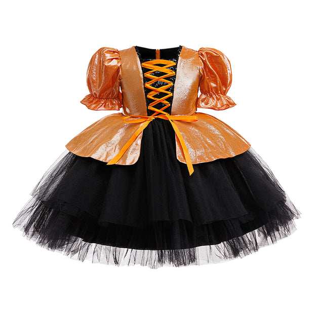 Fairy Tale Princess Dress for Girls Halloween Costume Puff Sleeve Ball Gown with Bowknot Tulle Skirt