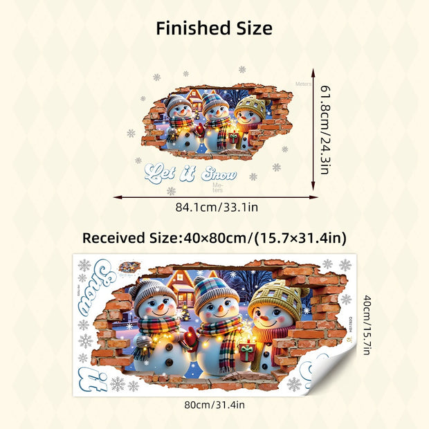 3D Stereo Wall-Breaking Design Cute Snowman Christmas Cartoon Anime Warm Creative Self-Adhesive Wall Stickers